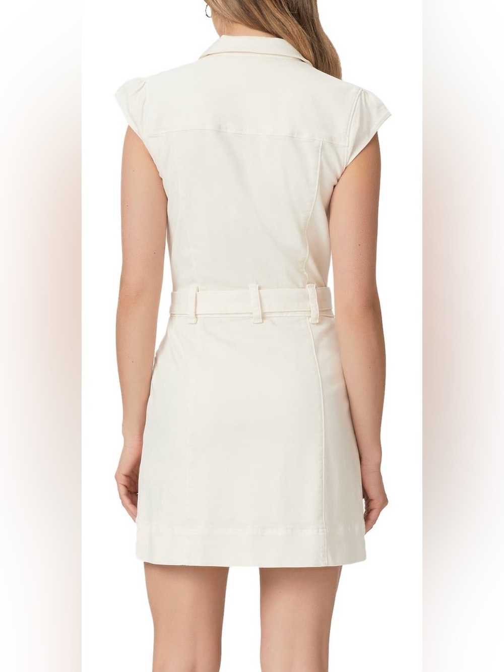PAIGE Jaxsyn Tie Waist Cotton Blend Twill Mini Shirtdress in Quartz Sand Size 8 - Picture 3 of 14